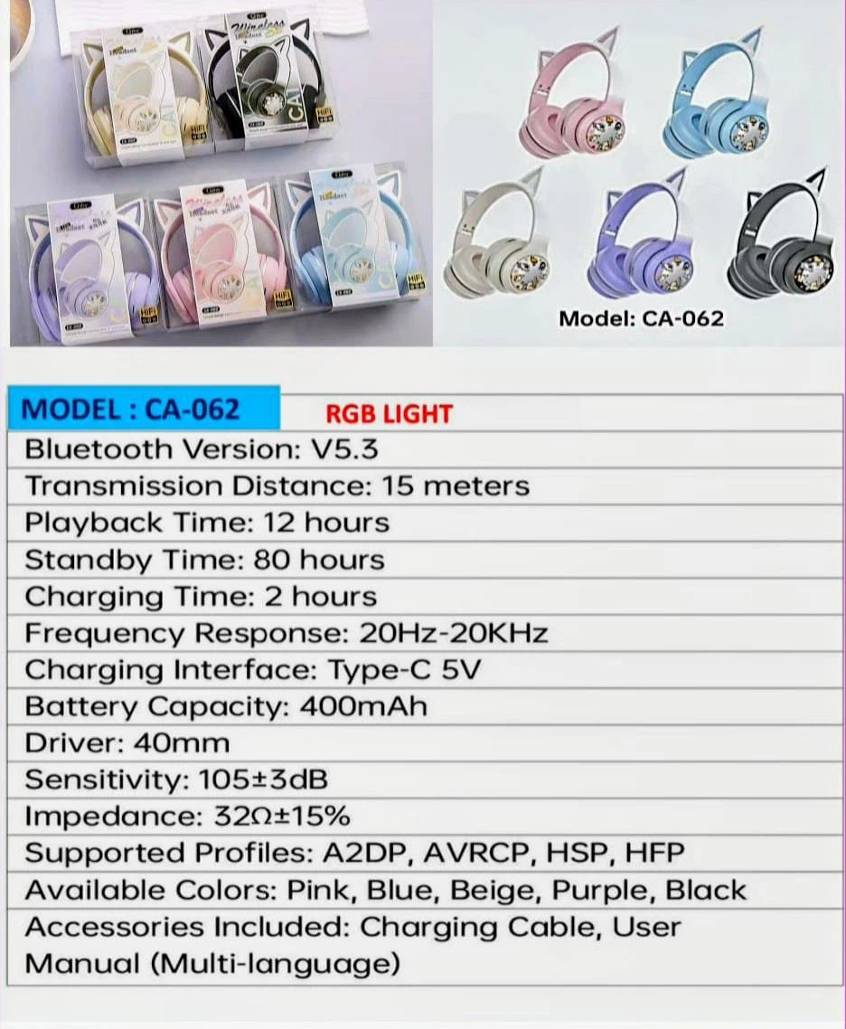 Wireless Cat Ear Headphones Model CA-062 with RGB Light - photo 3