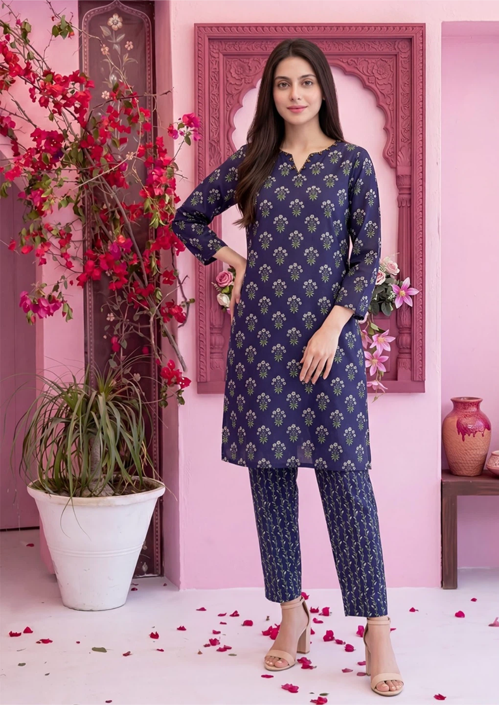 Women's Navy Blue Floral Kurti and Pants Set