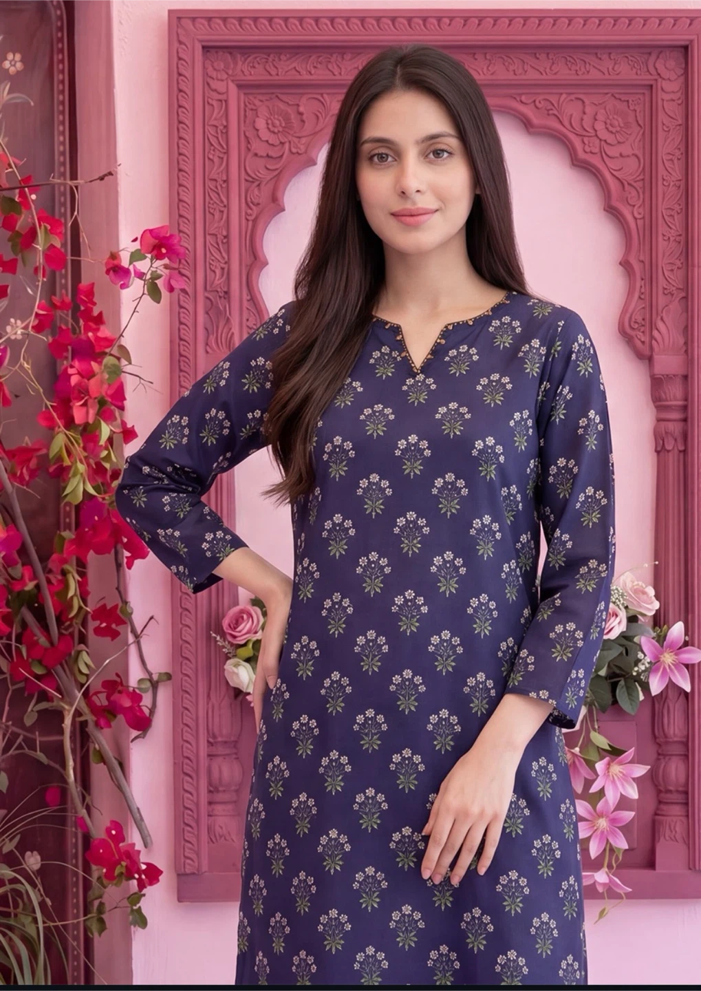 Women's Navy Blue Floral Kurti and Pants Set - photo 3