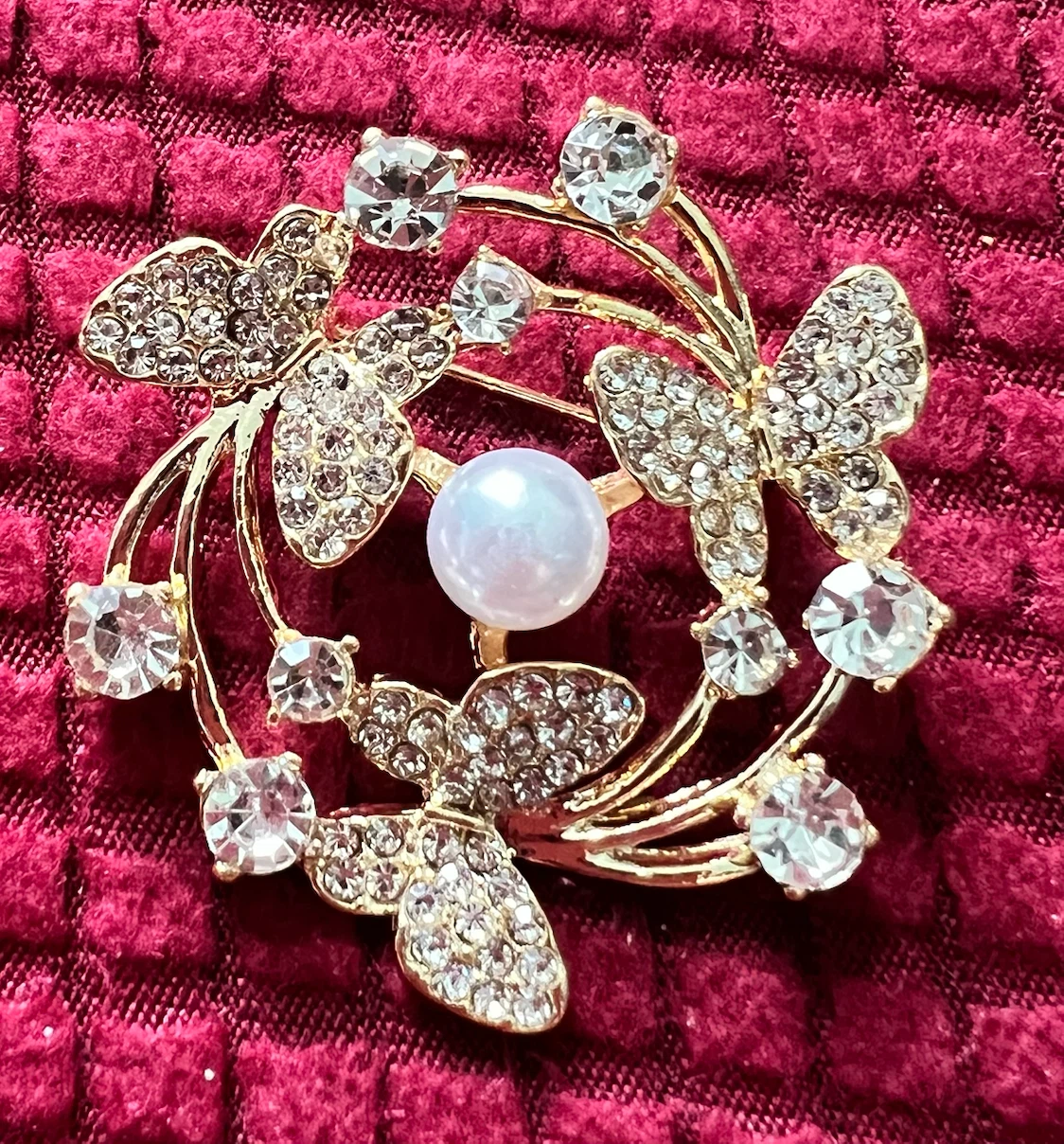 Gold Tone Butterfly Brooch with Faux Pearl