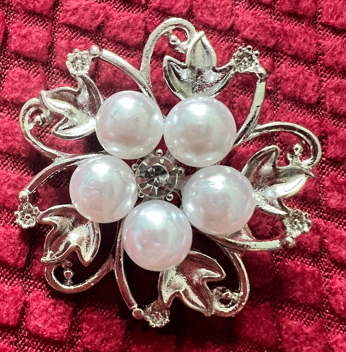 Silver Floral Brooch with Pearls