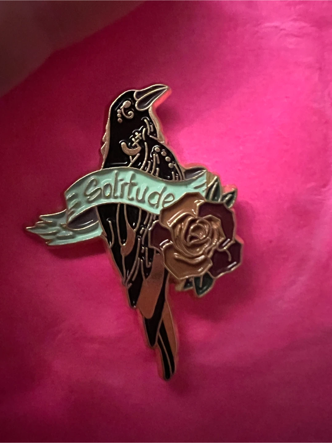 Enamel Pin Raven with Rose and Solitude Banner