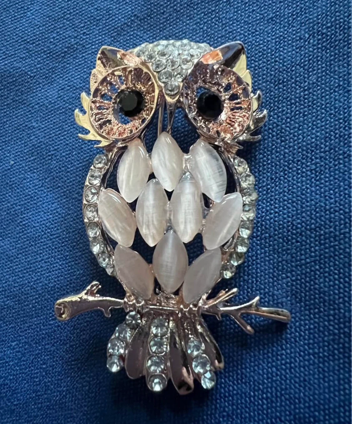 Owl Brooch with Rhinestones and Cat Eye Stones