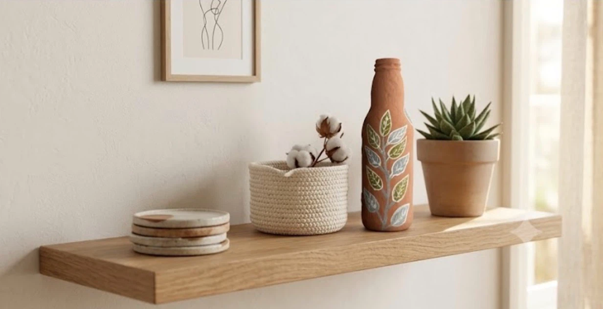 Bottle Vase with Leaf Design - hand painted