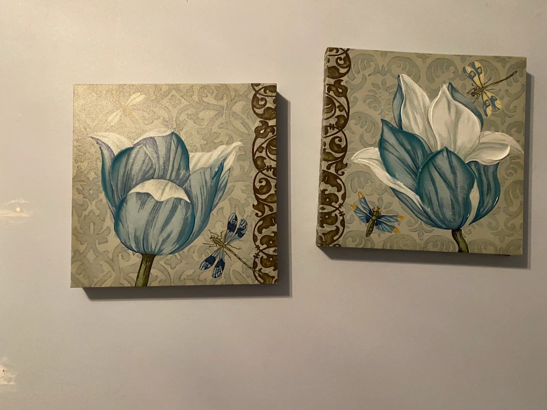 Set of 2 Blue Flower and Dragonfly Canvas Wall Art
