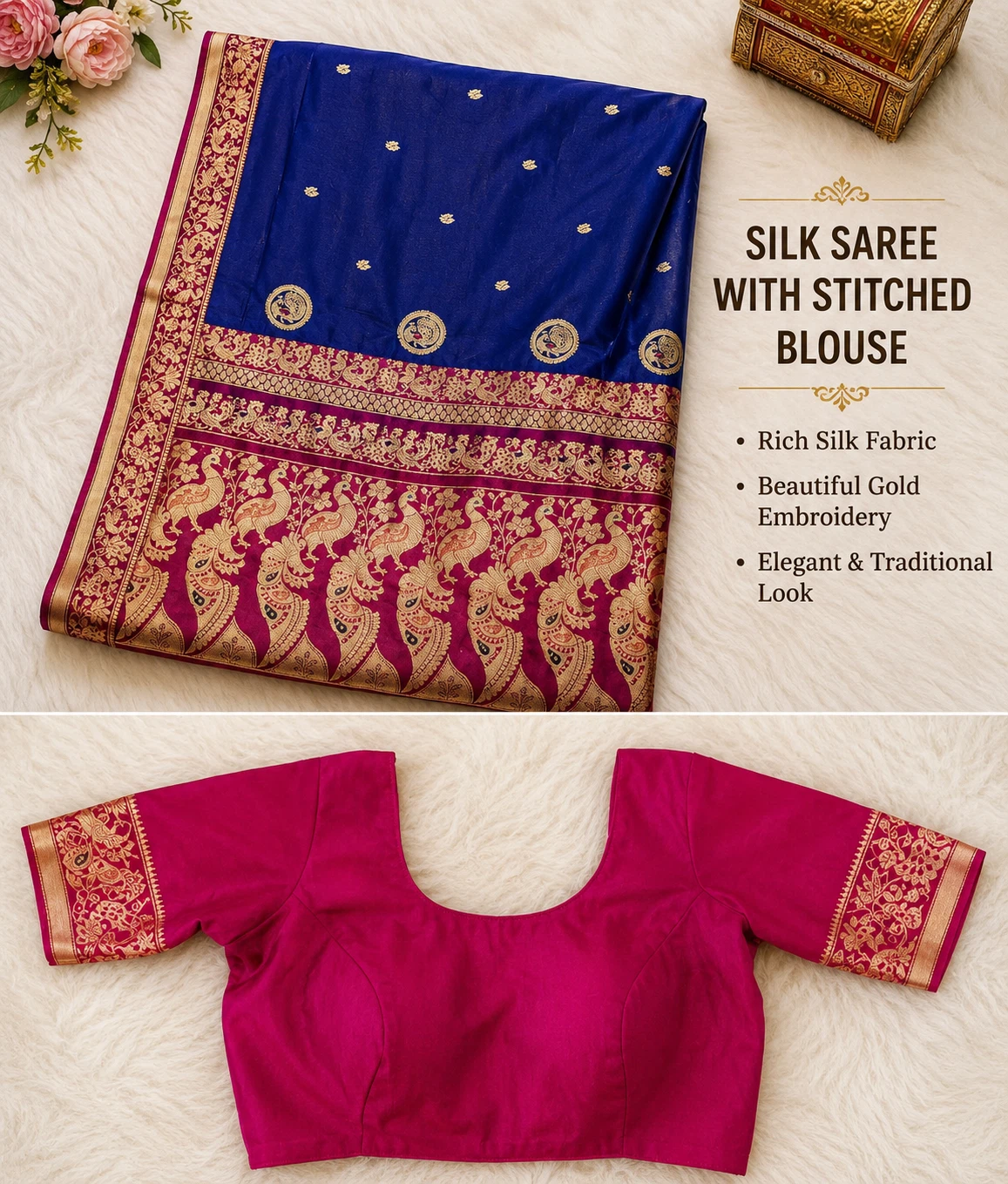 Silk Saree and Stitched Blouse with Gold Embroidery
