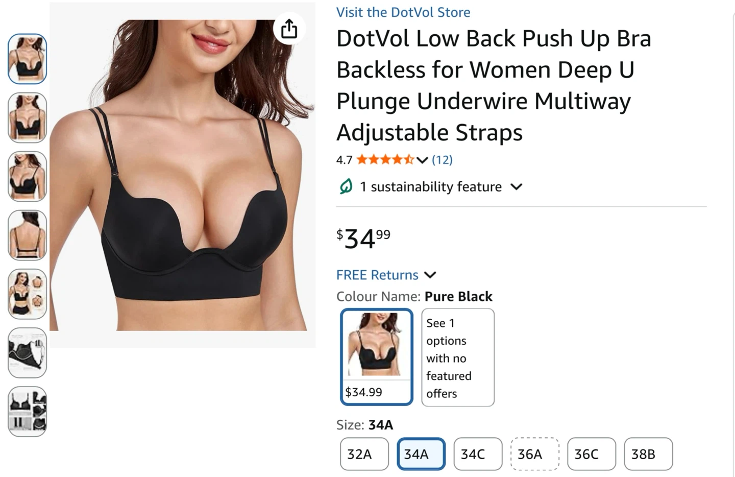 New DotVol Low Back Push Up Bra - 34A in beige