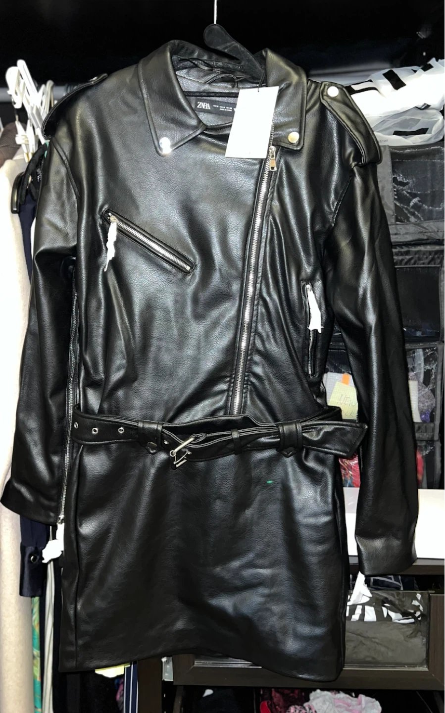 ZARA Black Faux Leather Belted Jacket