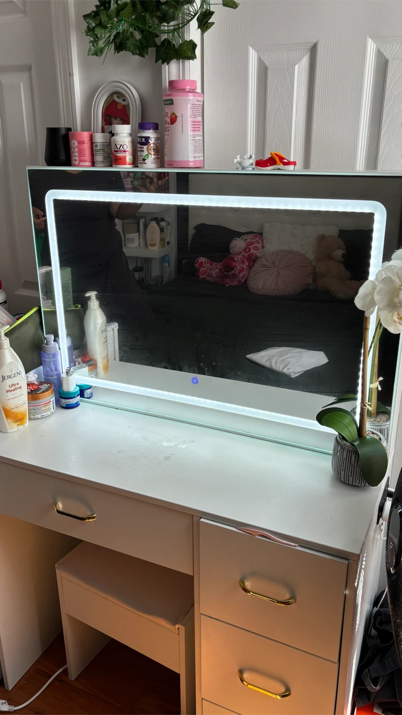 Vanity Desk with Light-Up Mirror and Stool