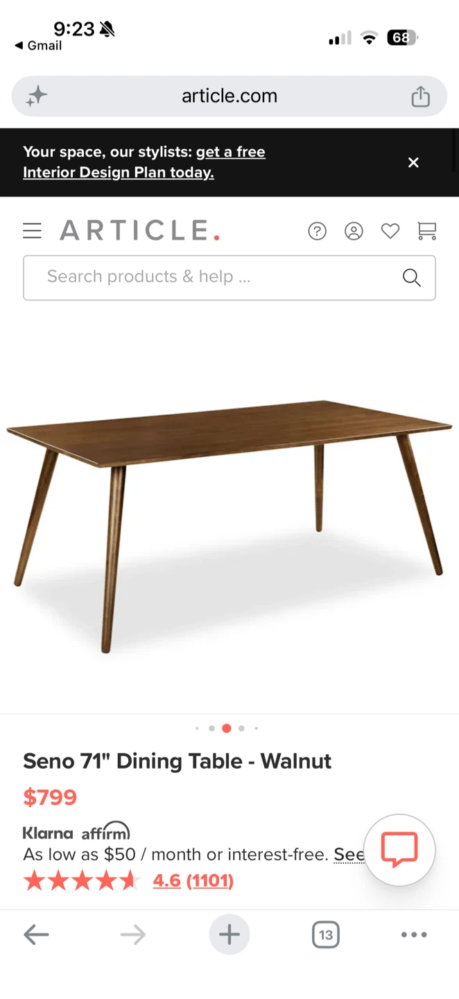 Article Seno 71" Dining Table - Walnut wirh 4 ivory chairs