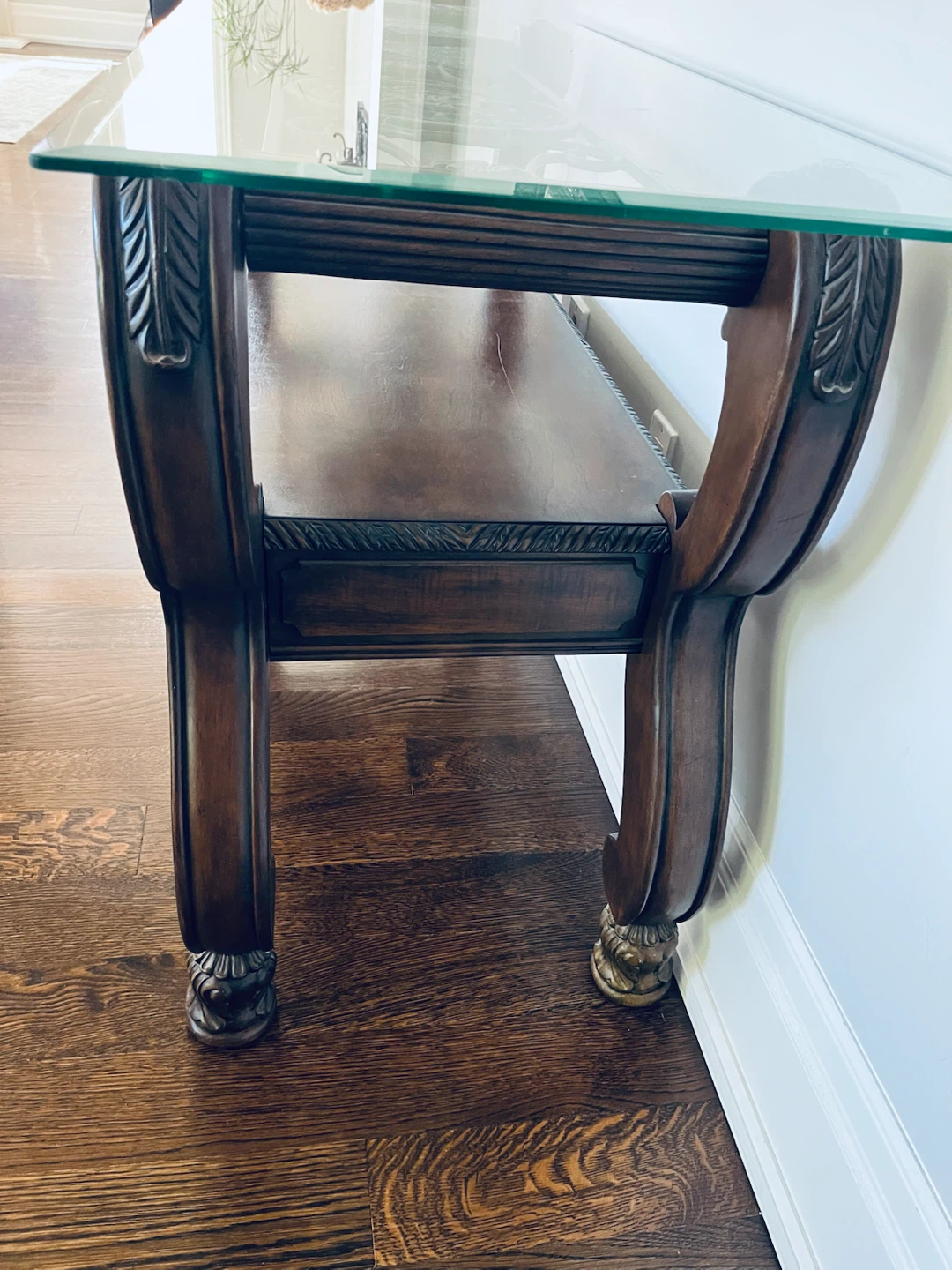 Console Table with Glass Top and Ornate Wood Base - photo 3