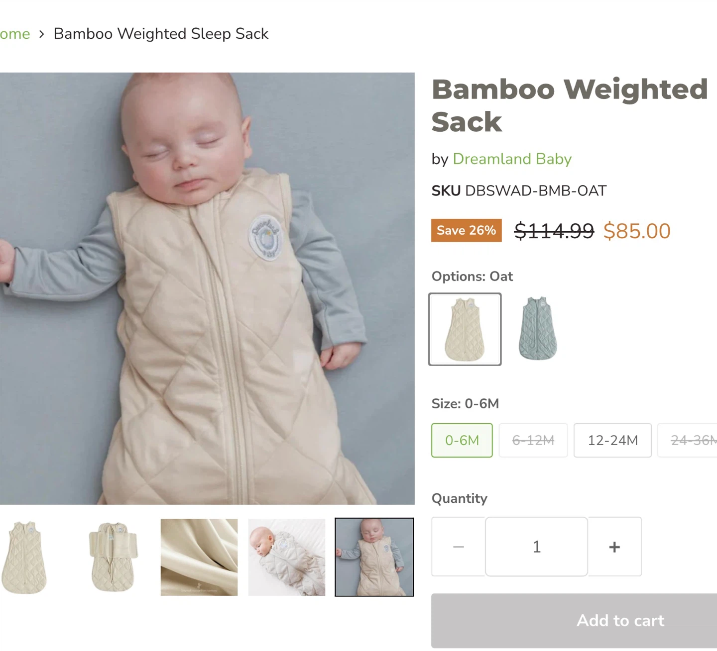 Dreamland Baby Bamboo Weighted Sleep Sack 0-6M