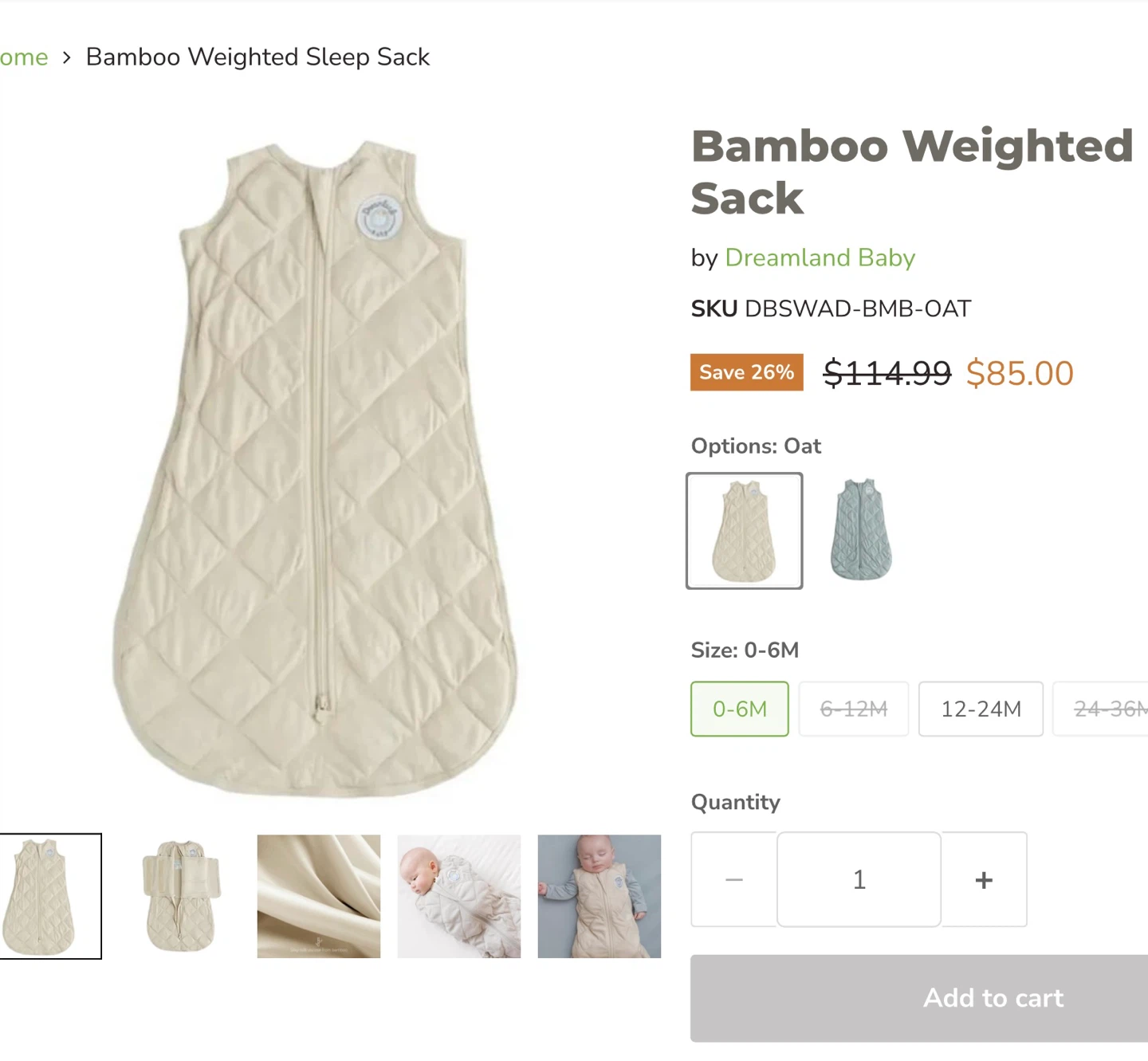 Dreamland Baby Bamboo Weighted Sleep Sack 0-6M - photo 2