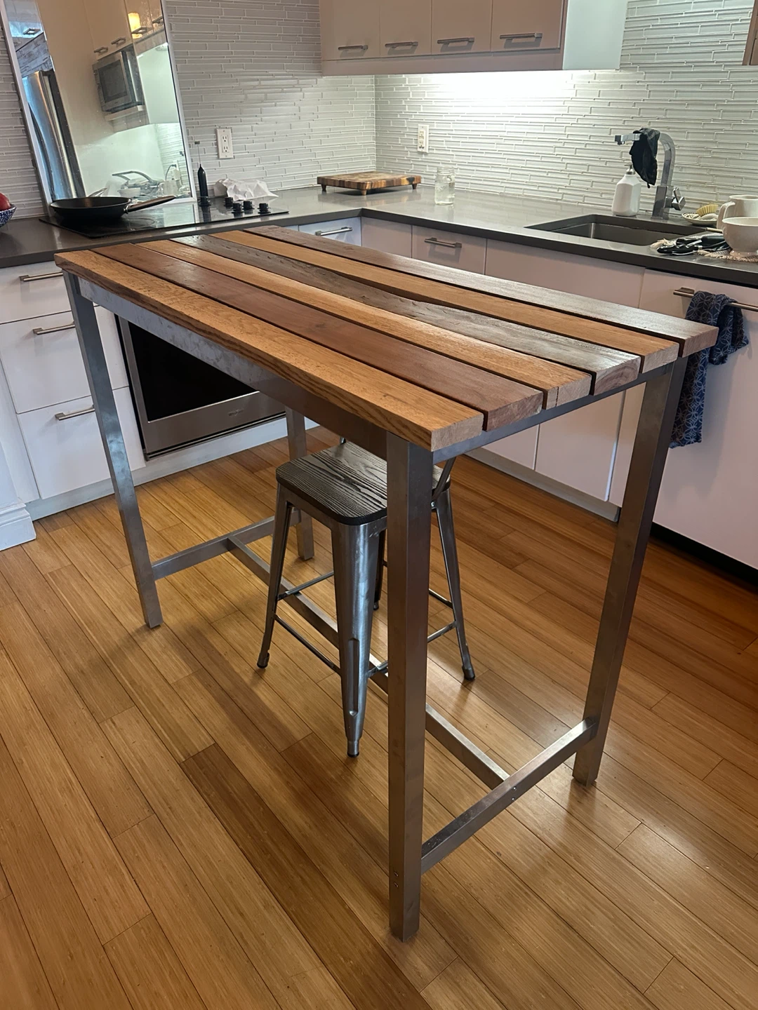 VINTAGE TEAK WHITE OAK KITCHEN ISLAND BAR HEIGHT TABLE