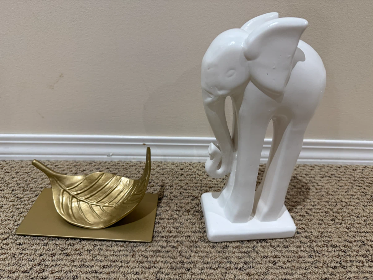 White Ceramic Elephant Figurine & Gold Leaf Dish