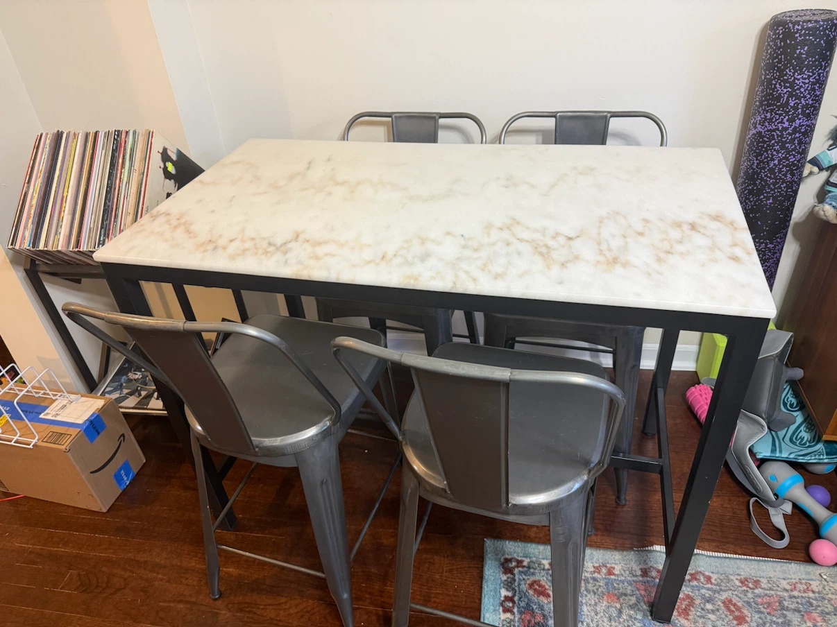 Counter height marble dining table + 4 metal stools