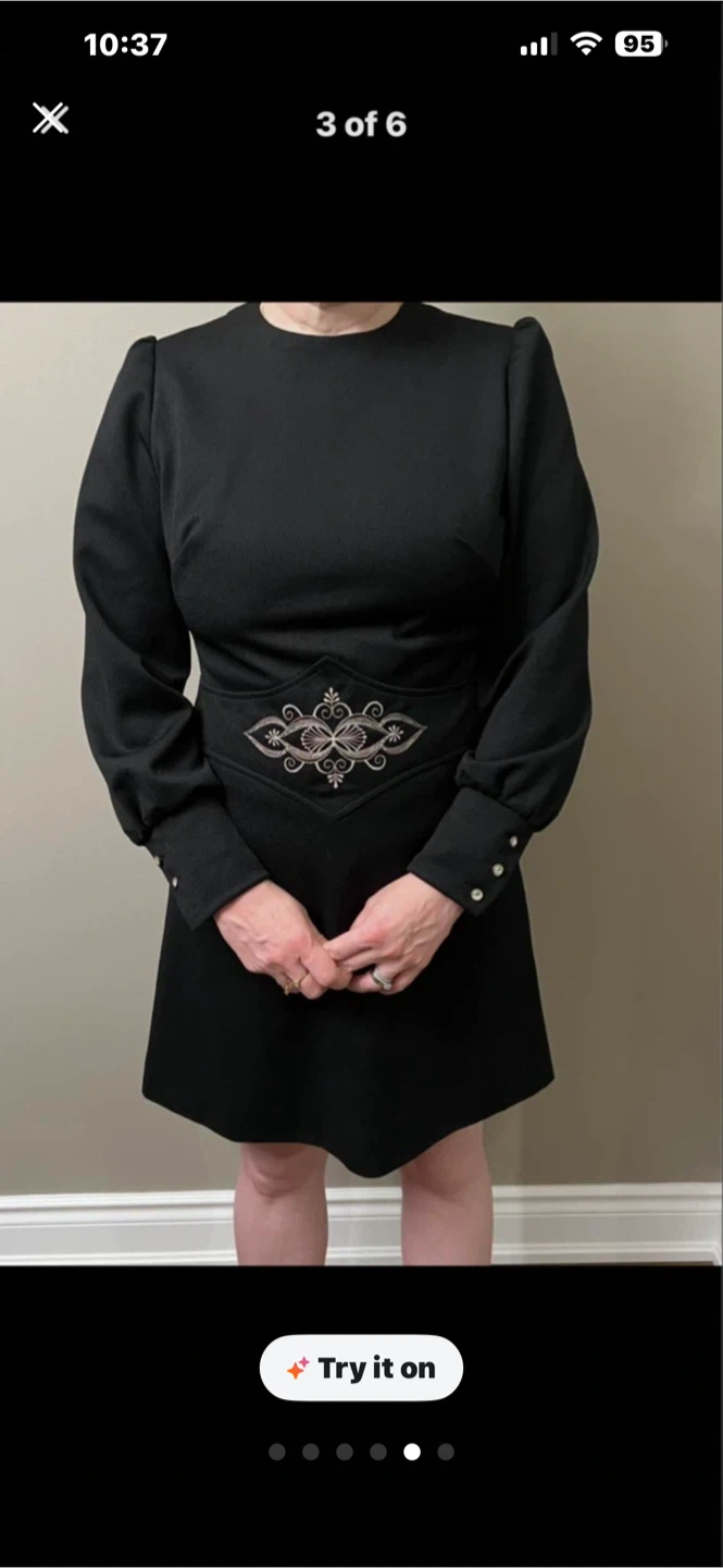 Black Crimpene Dress with Embroidered Detail