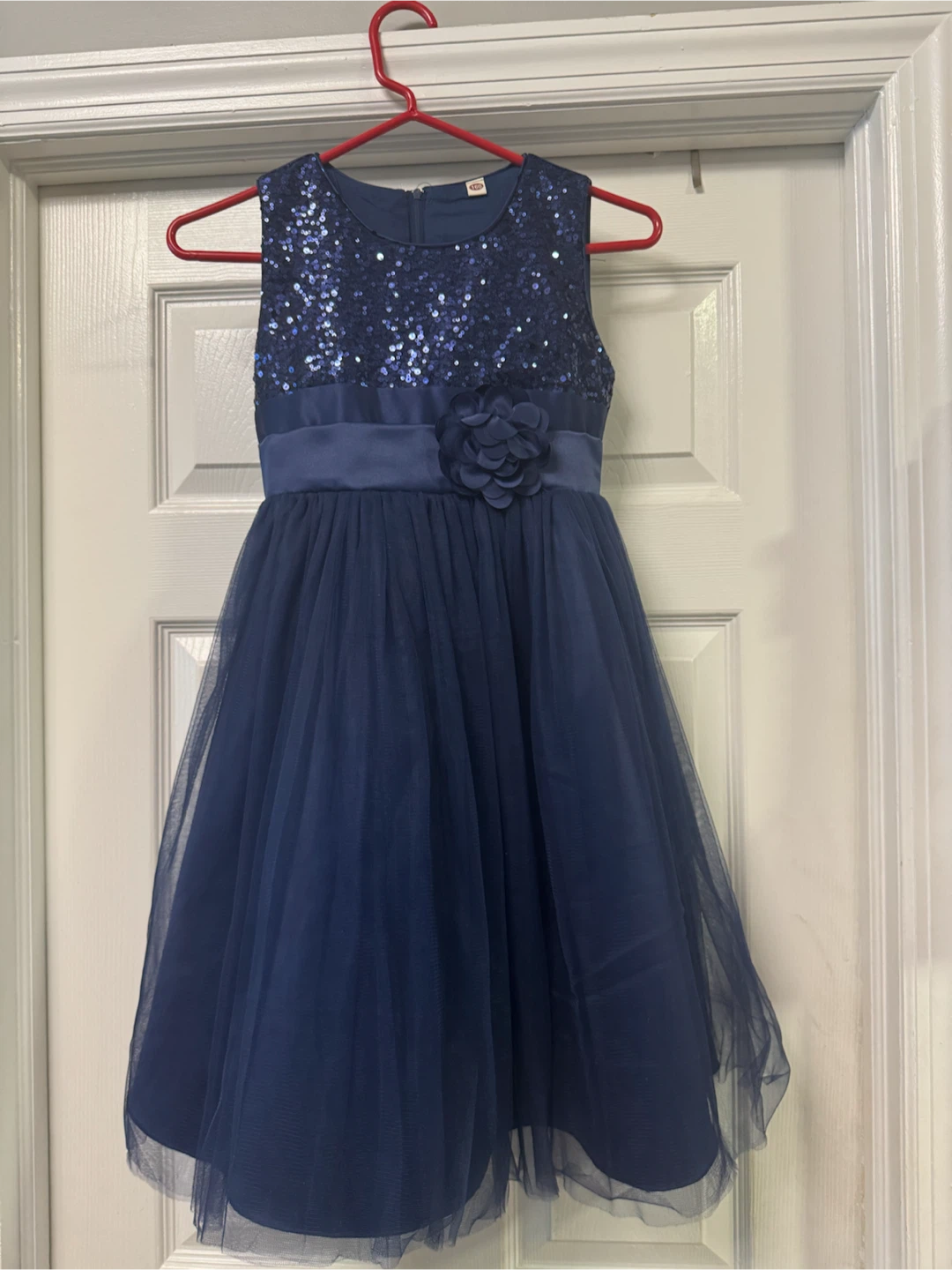 Girls Navy Blue Sequin Flower Girl Dress