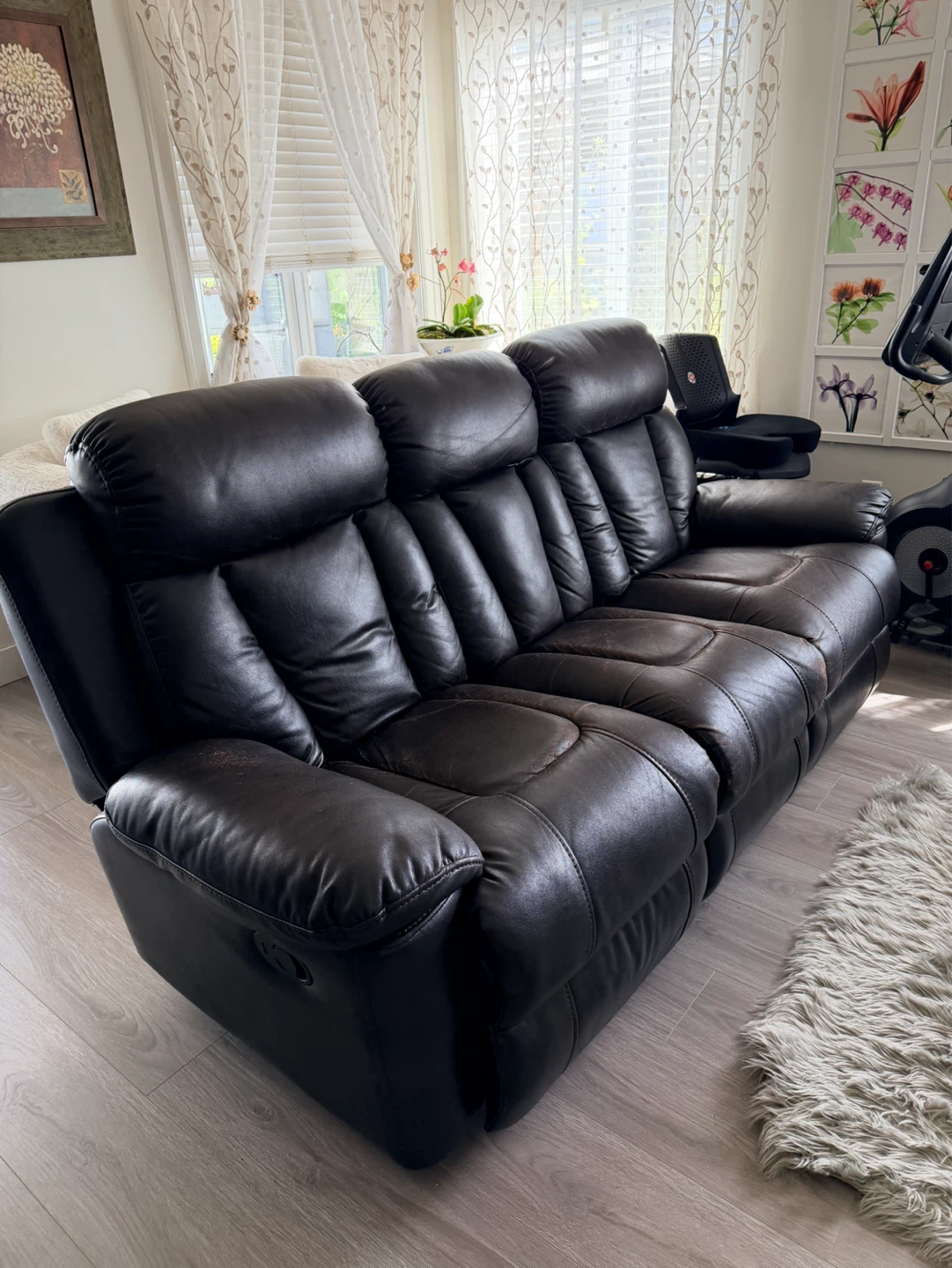 Dark Brown Leather Reclining Sofa with Cup Holders