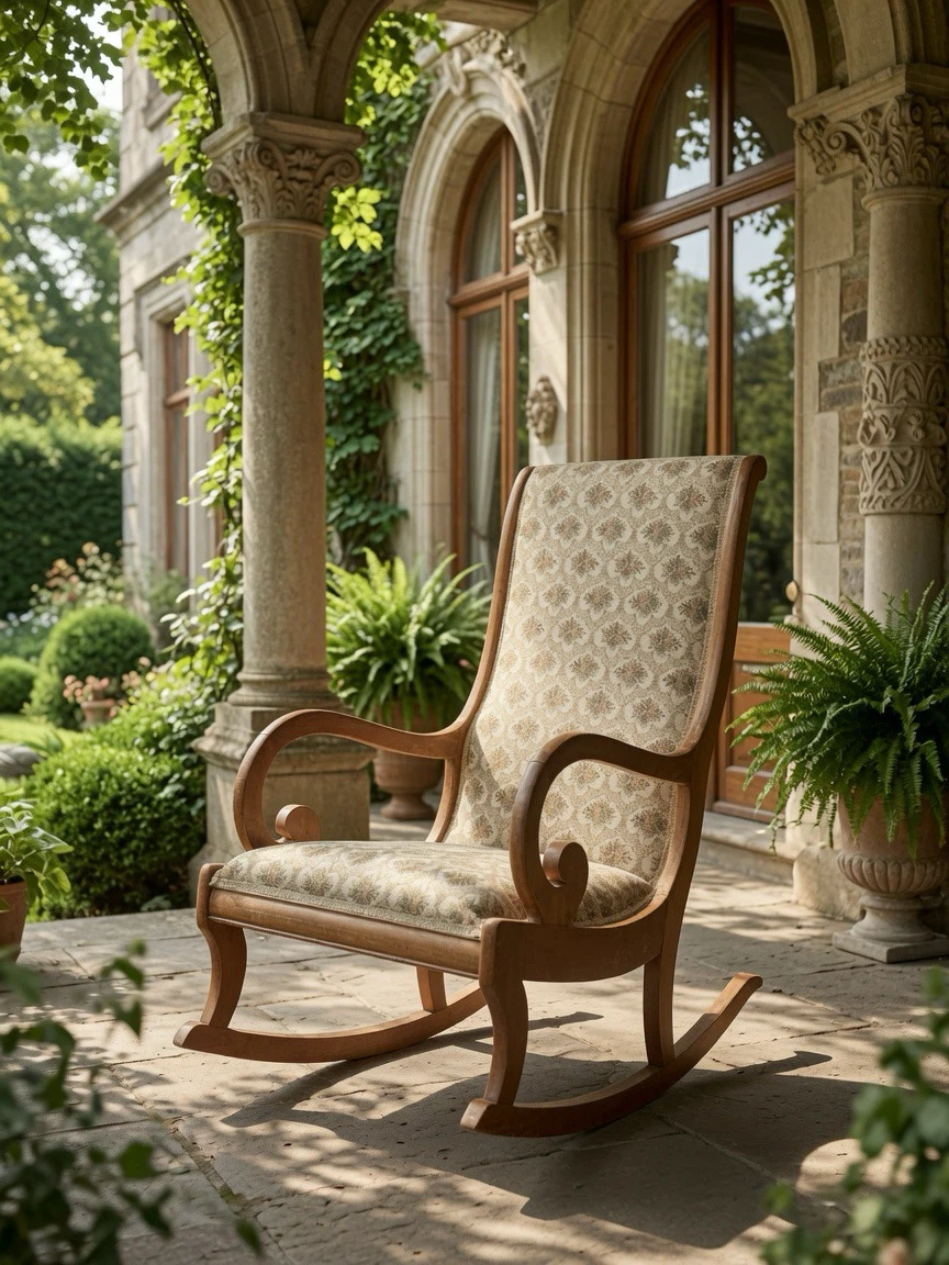 Wooden vintage Rocking Chair with Patterned Upholstery