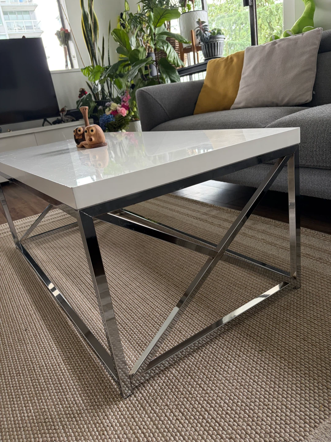 White Square Coffee and Side Table with Chrome Base