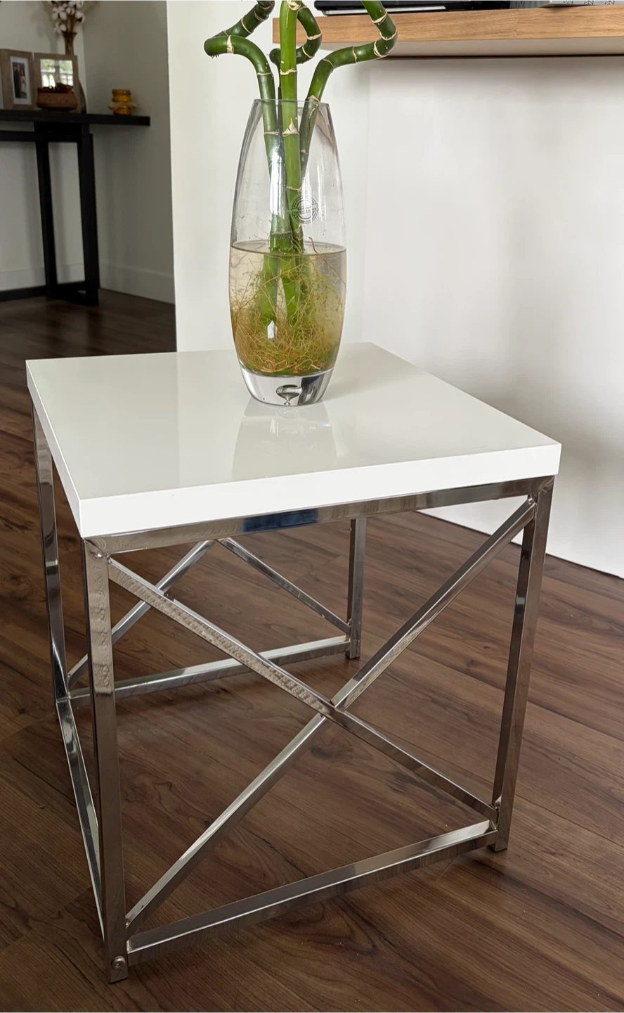 White Square Coffee and Side Table with Chrome Base - photo 2