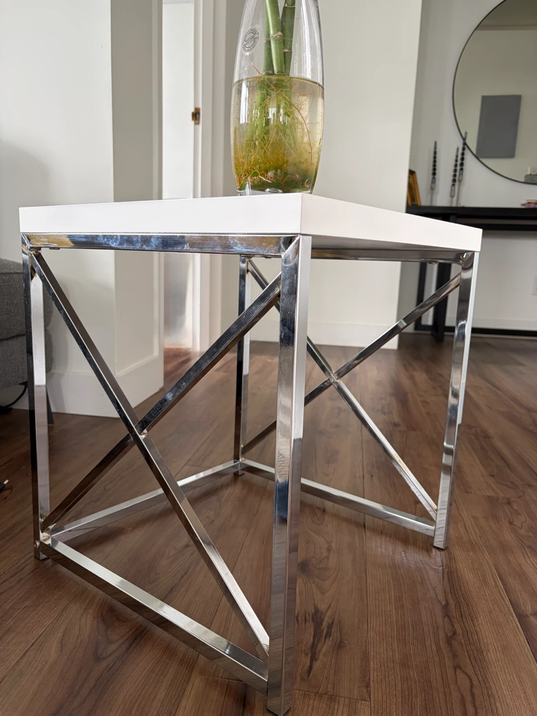 White Square Coffee and Side Table with Chrome Base - photo 3