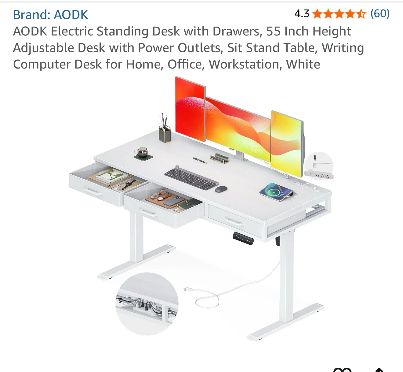 AODK Electric Standing Desk with Drawers - White