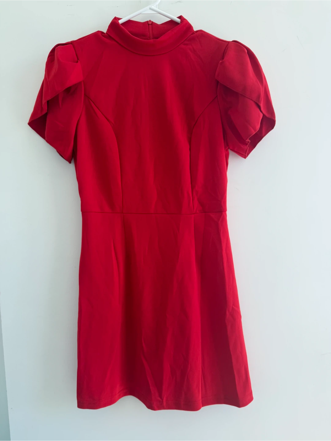 Red Puff Sleeve Mock Neck Dress