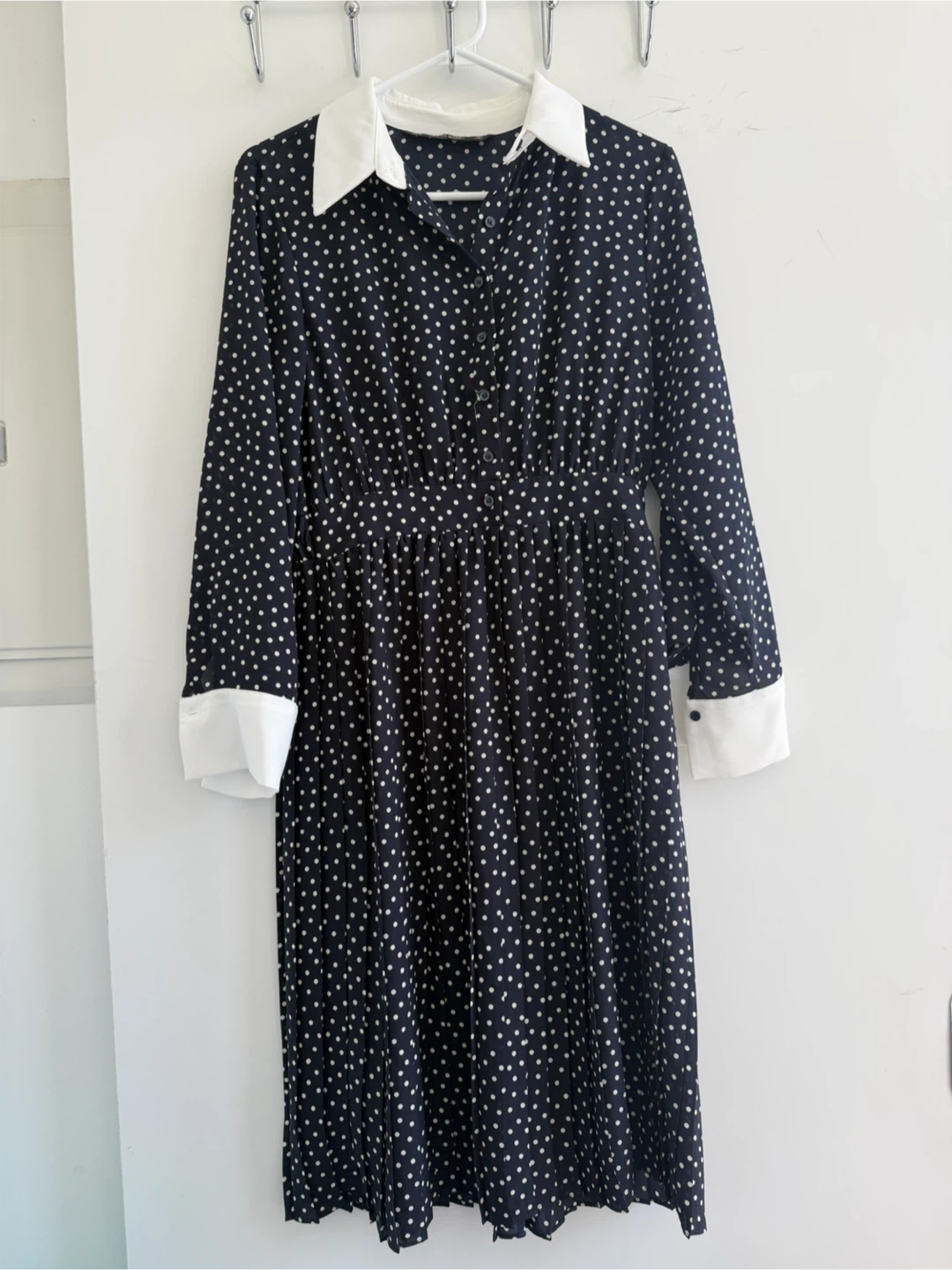 Navy Polka Dot Dress with White Collar and Cuffs