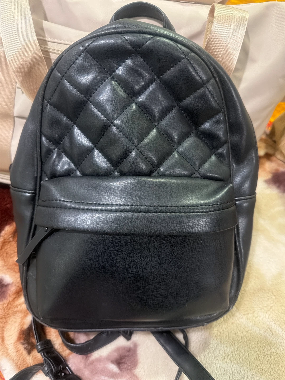 Black Quilted Faux Leather Mini Backpack