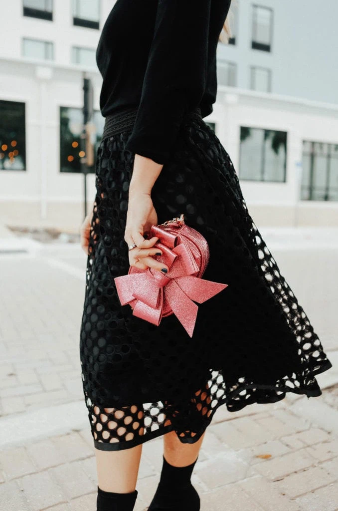 Black Circle Cut-out Eyelet Lace A-Line Midi Skirt size M
