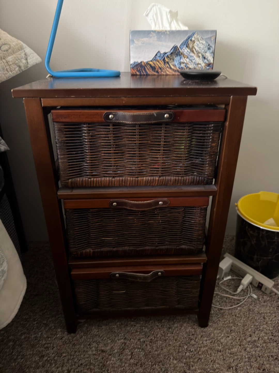 2x Wooden Nightstands with Wicker Drawer