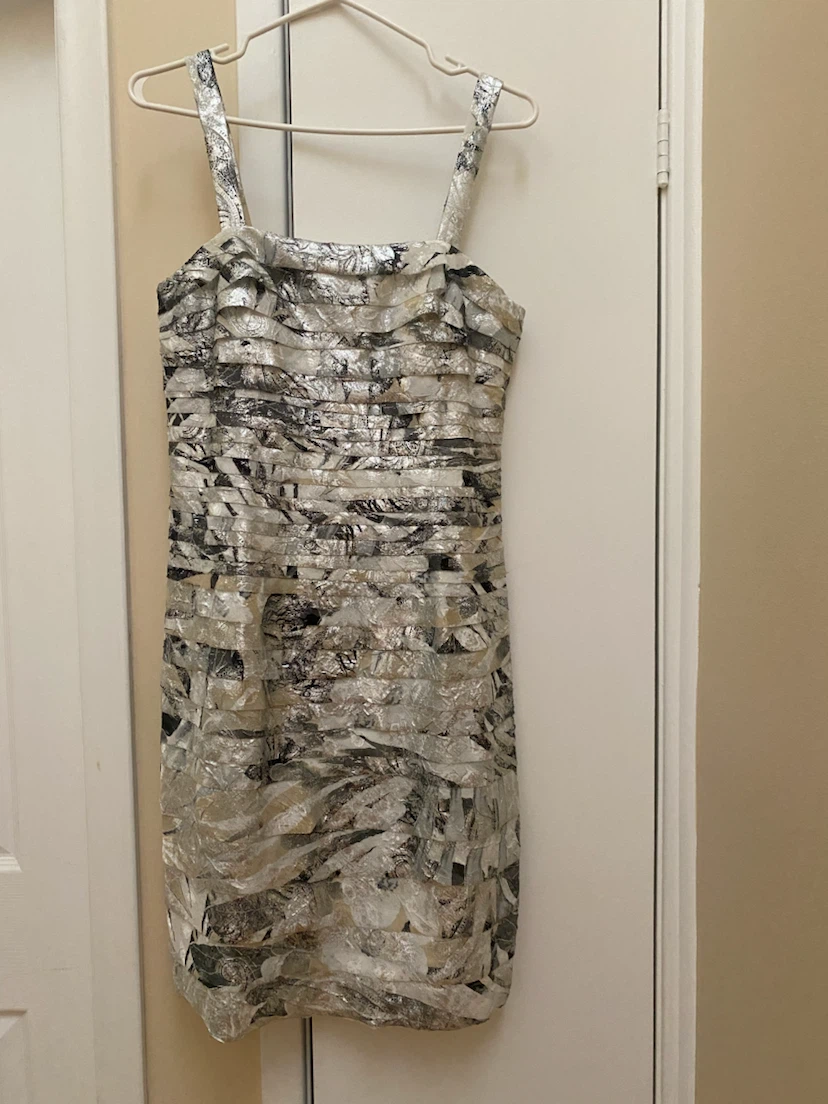 Women's Silver and Black Patterned Dress with Scarf