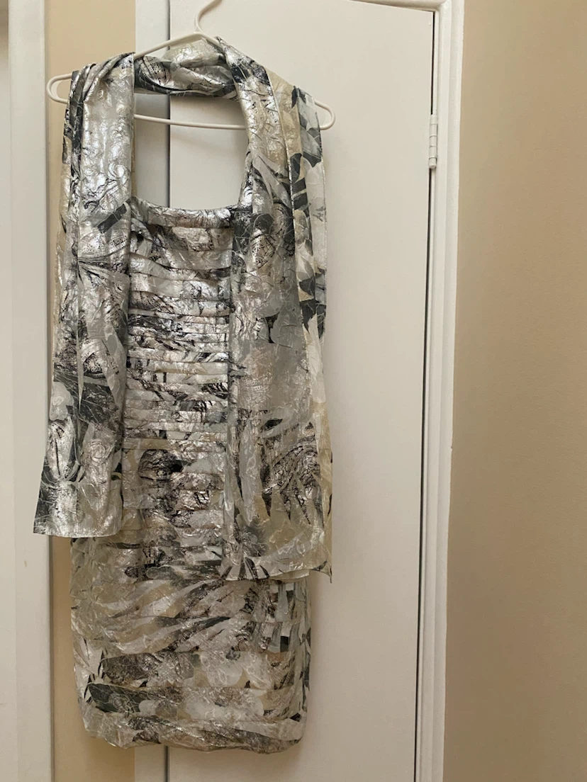 Women's Silver and Black Patterned Dress with Scarf - photo 2