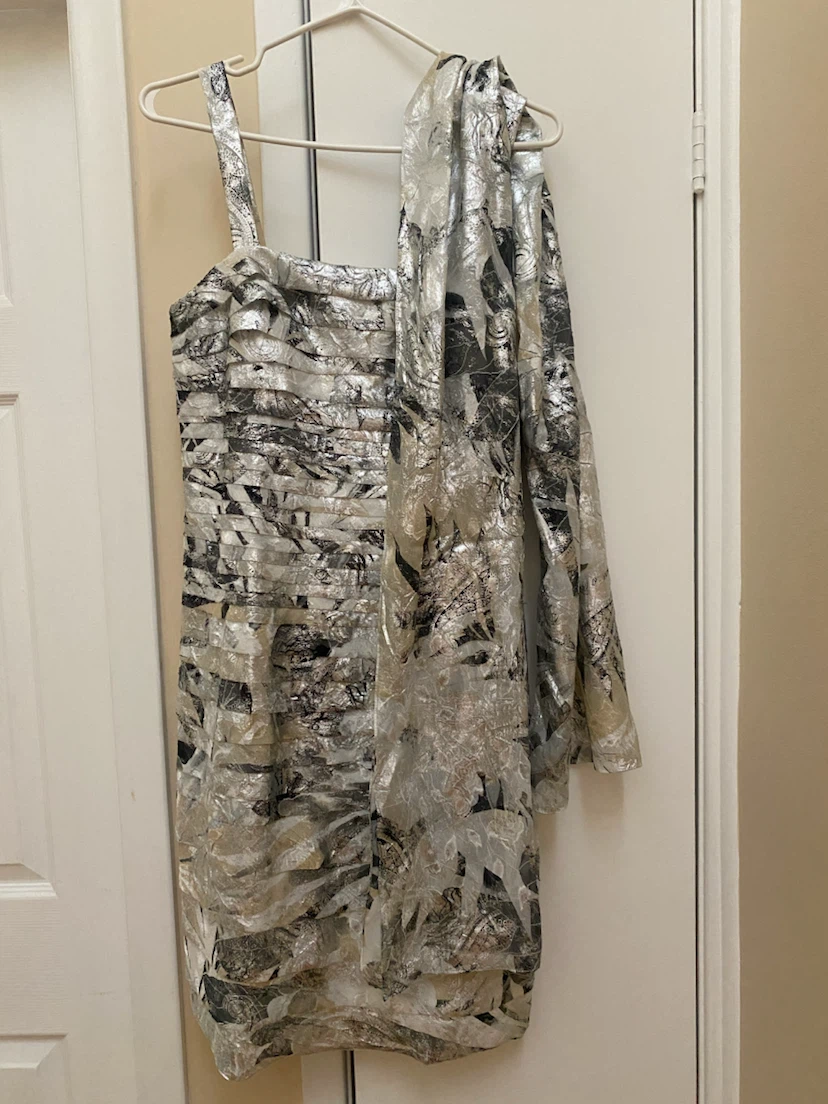 Women's Silver and Black Patterned Dress with Scarf - photo 3