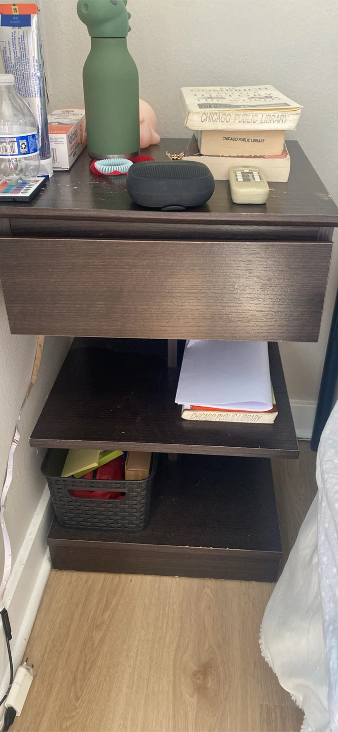 Dark Wood Nightstand with Drawer and Shelves