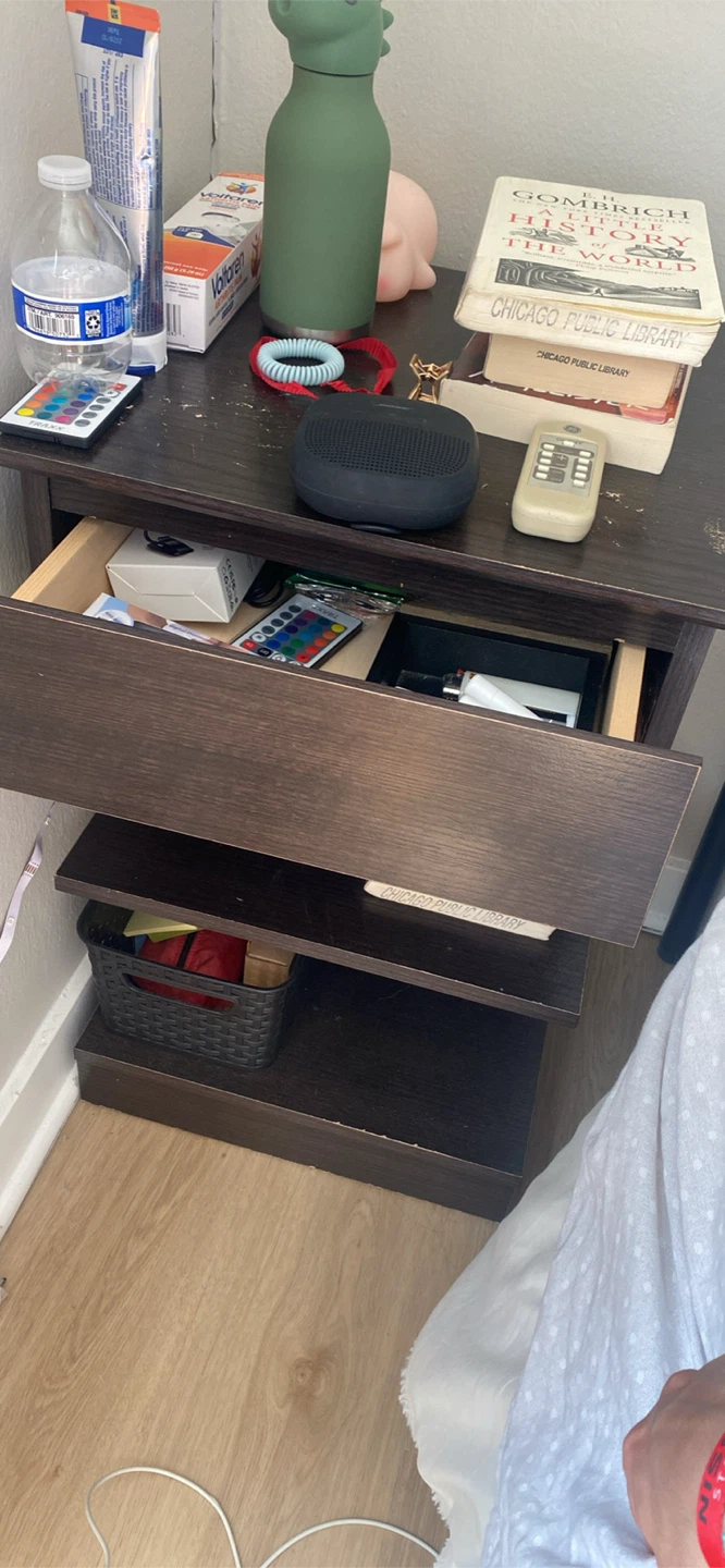 Dark Wood Nightstand with Drawer and Shelves - photo 2