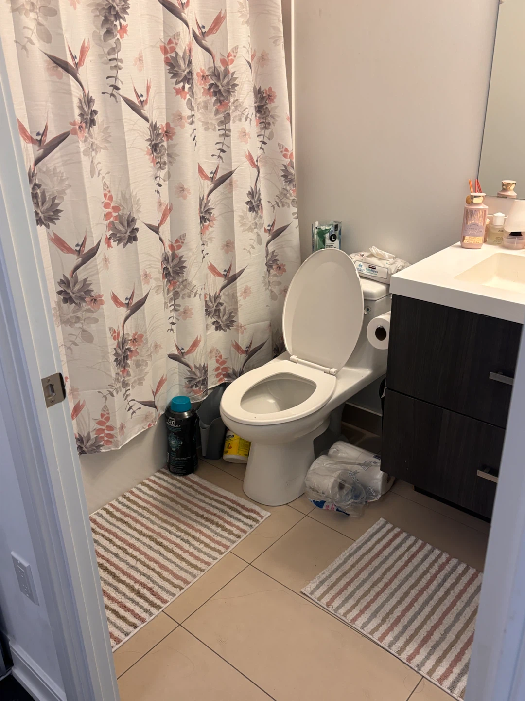 Pink Floral Shower Curtain + 2 Matching Bath Mats - photo 2