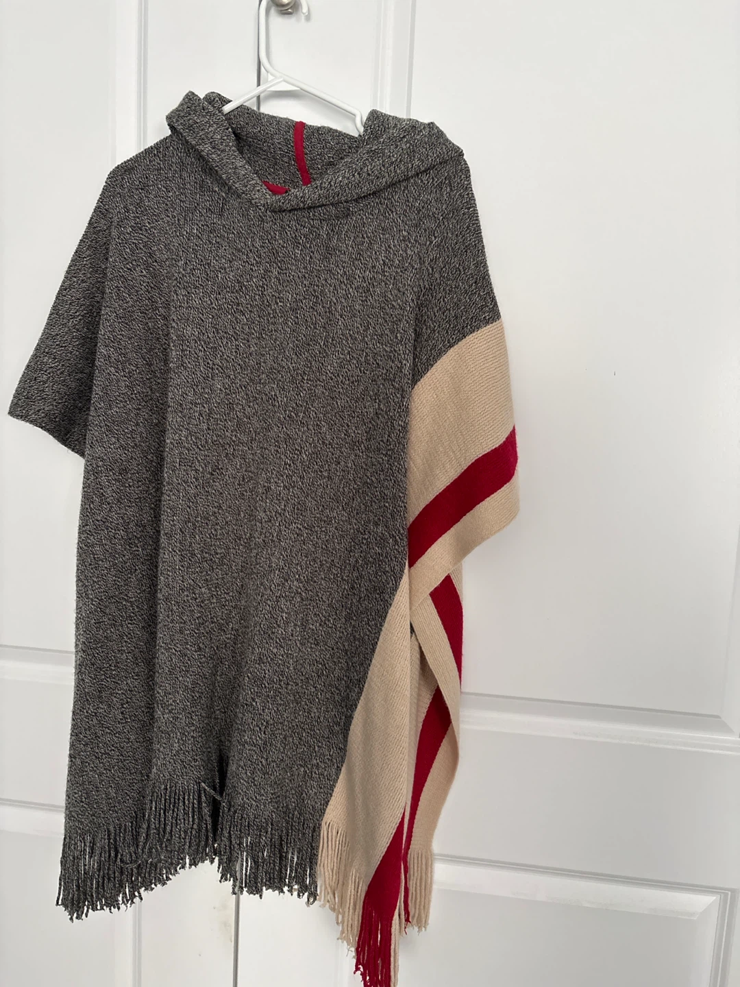 Grey Knit Poncho with Red and Tan Stripes