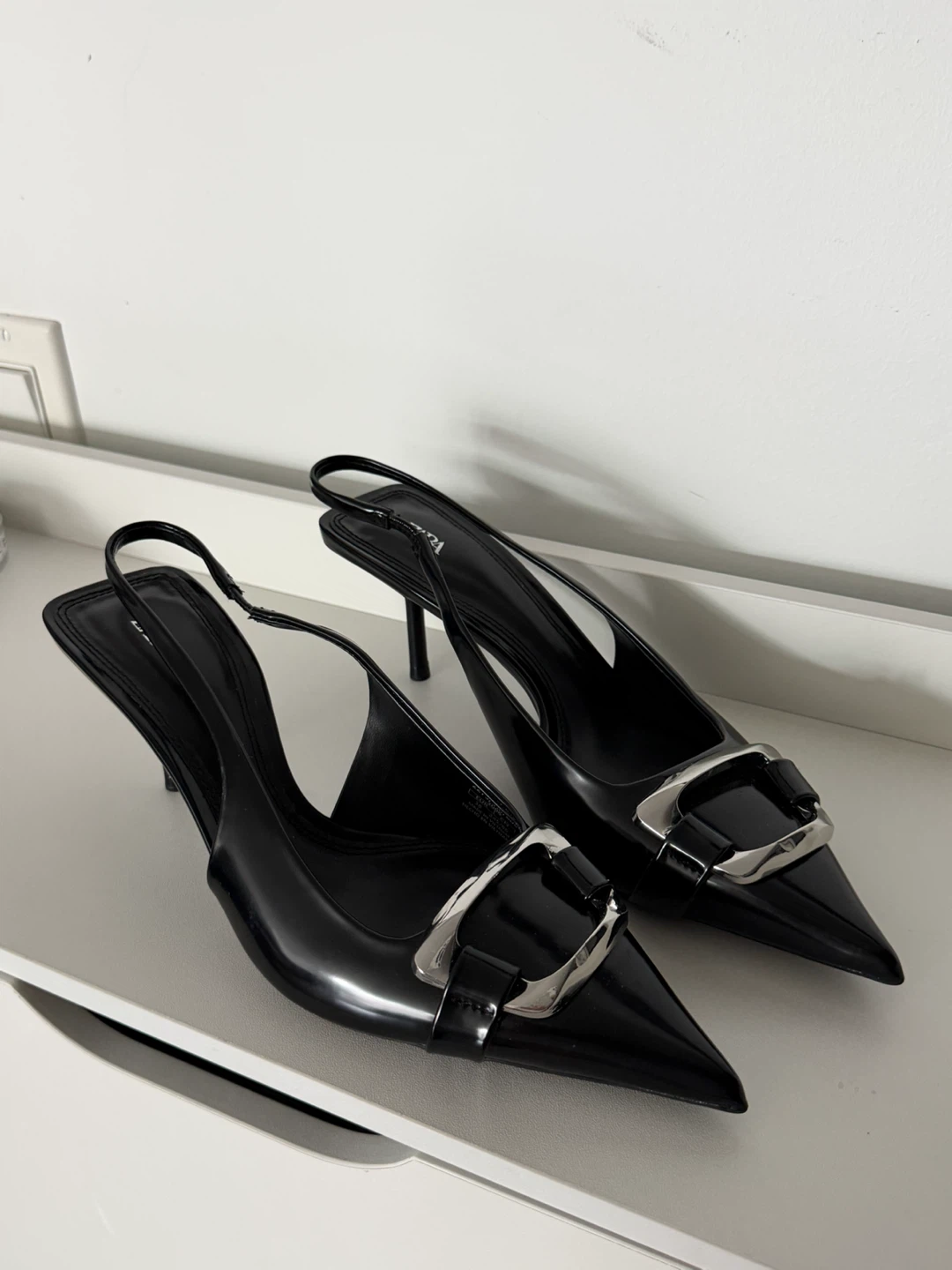 ZARA Black Slingback Heels with Silver Buckle