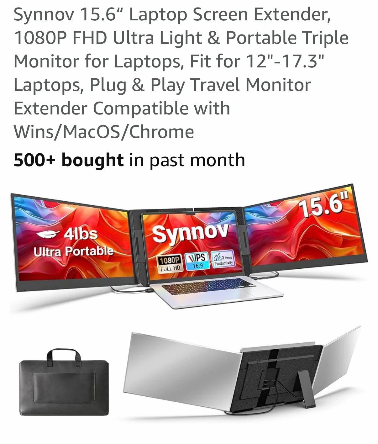 Synnov 15.6" Ultra Light & Portable Triple Monitor for Laptops.