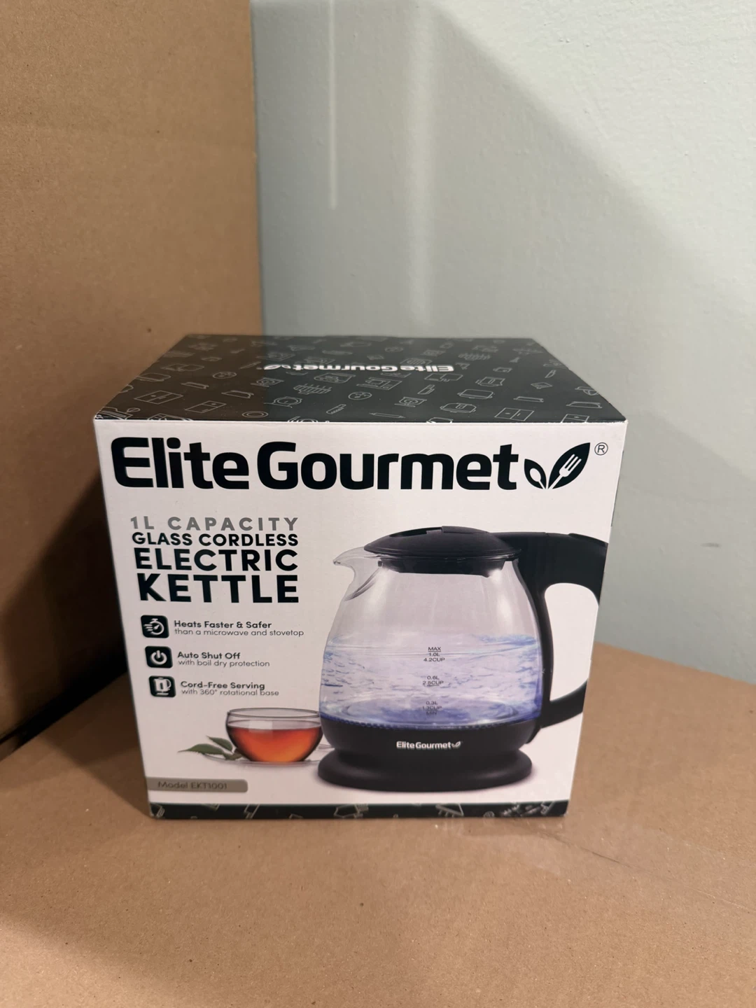 Elite Gourmet 1L Glass Cordless Electric Kettle