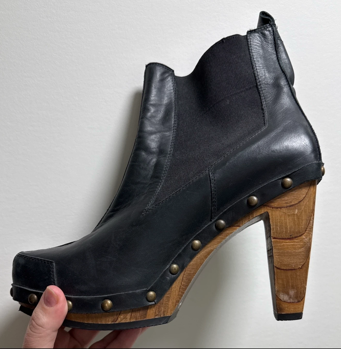 FLUEVOG Black Leather Ankle Boots with Wooden Heel