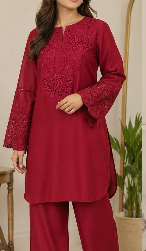 Maroon Embroidered Kurti and Pants Set