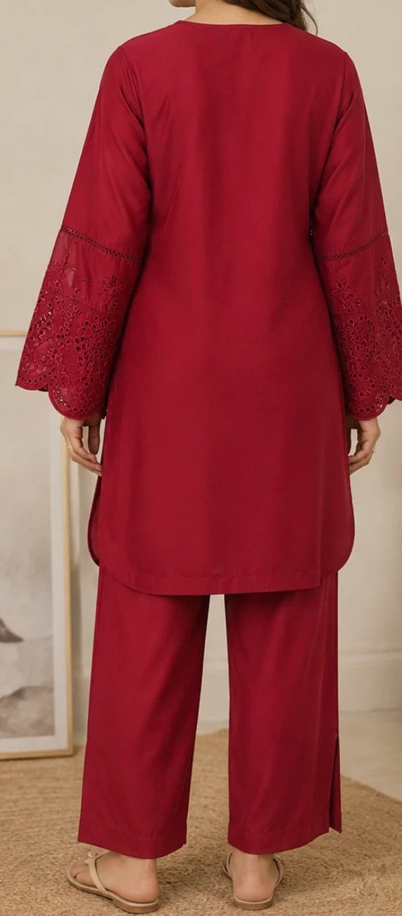 Maroon Embroidered Kurti and Pants Set - photo 2
