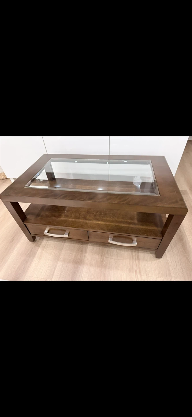 Wooden Coffee Table with Glass Top and Two Drawers - photo 2