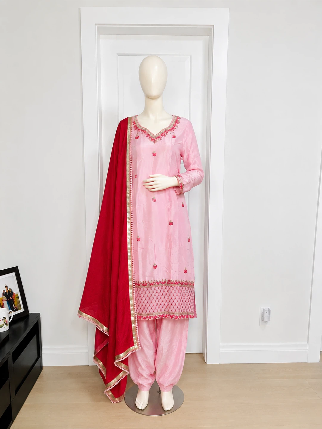 Pink Embroidered 3-Piece Suit with Red Dupatta