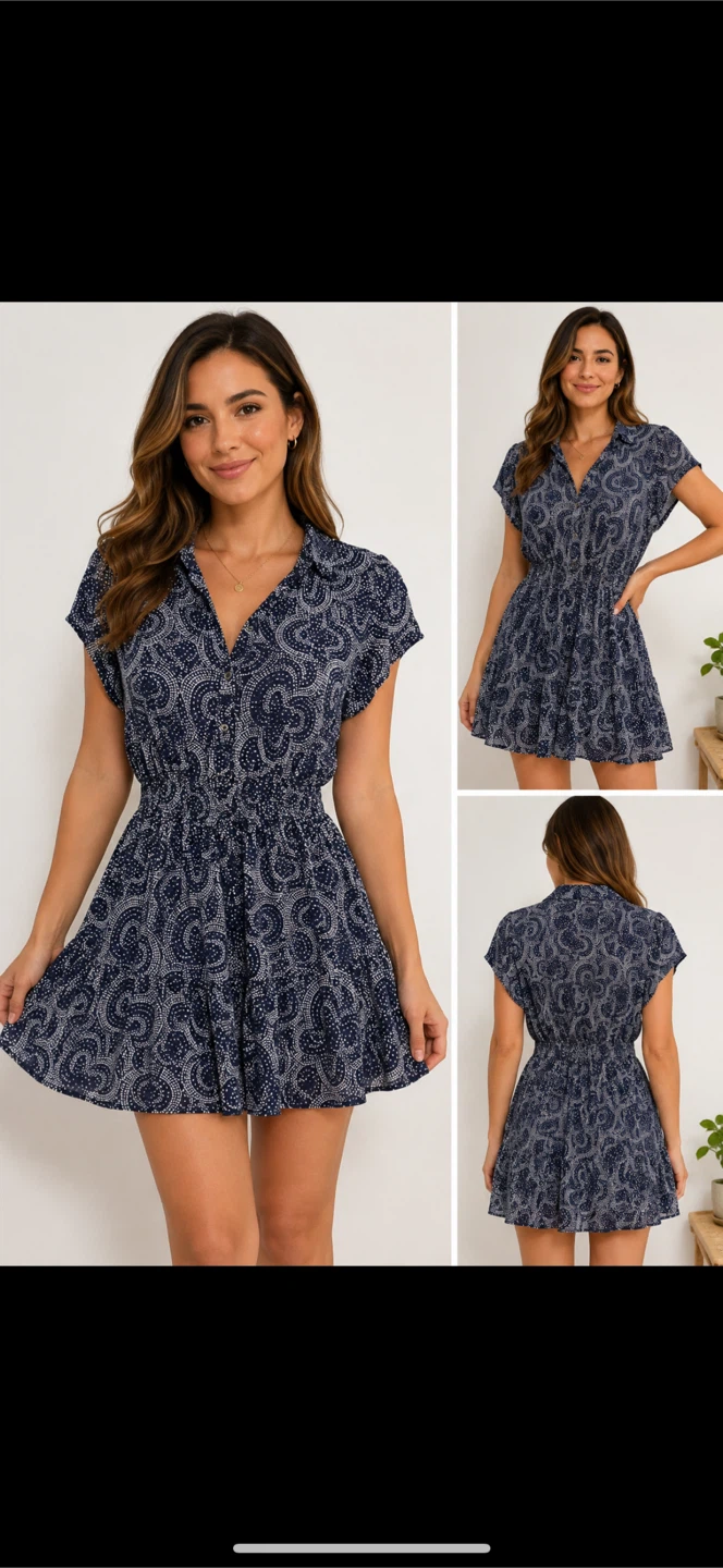 C&C California Navy Patterned Button-Up Dress Size S