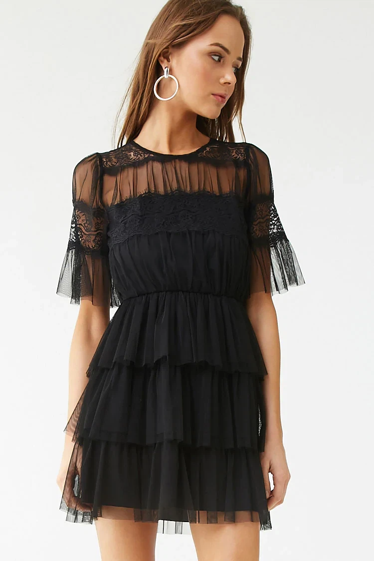 Sheer Black Fit & Flare Ruffle Sleeve Mini Shirtdress size M